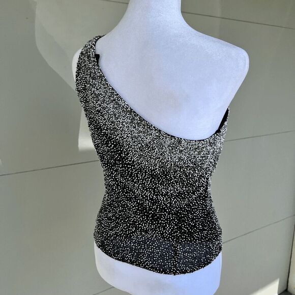 VTG Scala Beaded Silk One Shoulder Asymmetrical Top Black Silver M - Picture 8 of 16